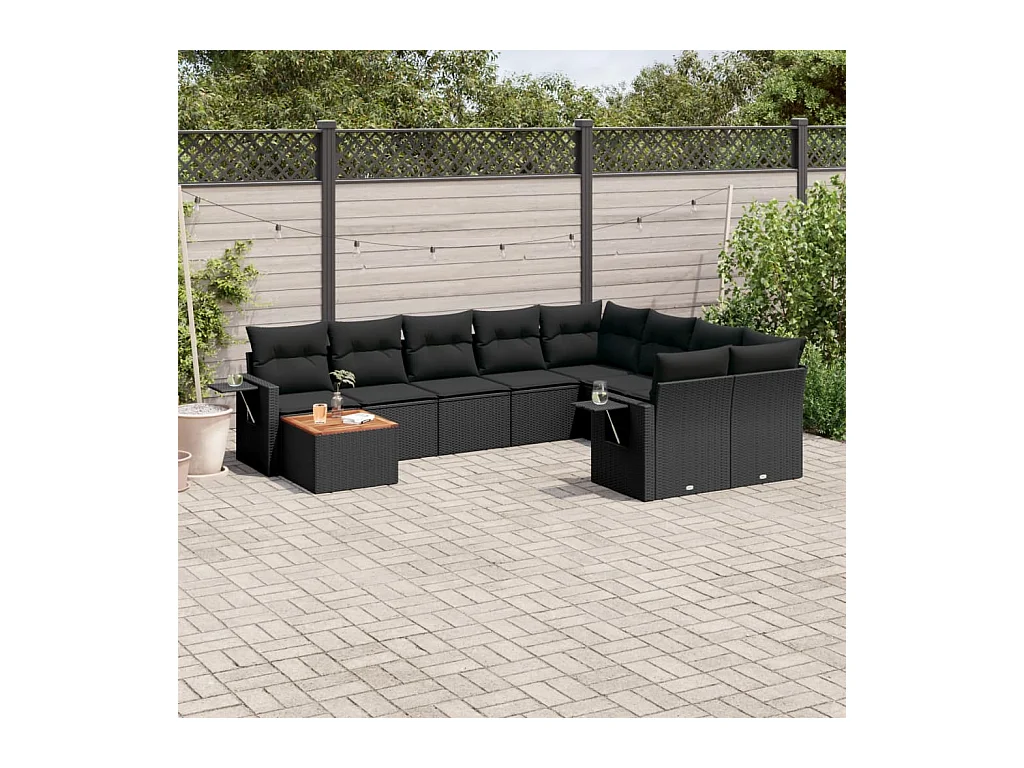 Set Divani da Giardino 10pz con Cuscini in Polyrattan Nero
