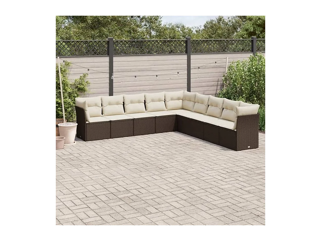 Salon de jardin avec coussins 9 pcs marron résine tressée