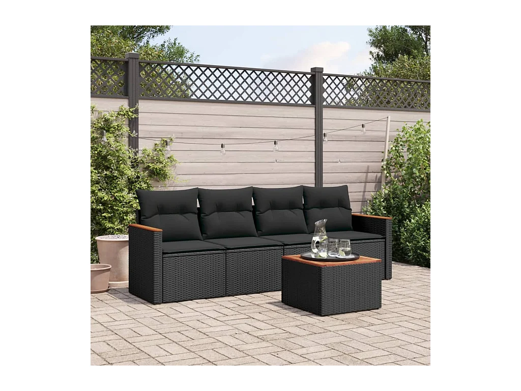 5-delige Loungeset met kussens poly rattan zwart
