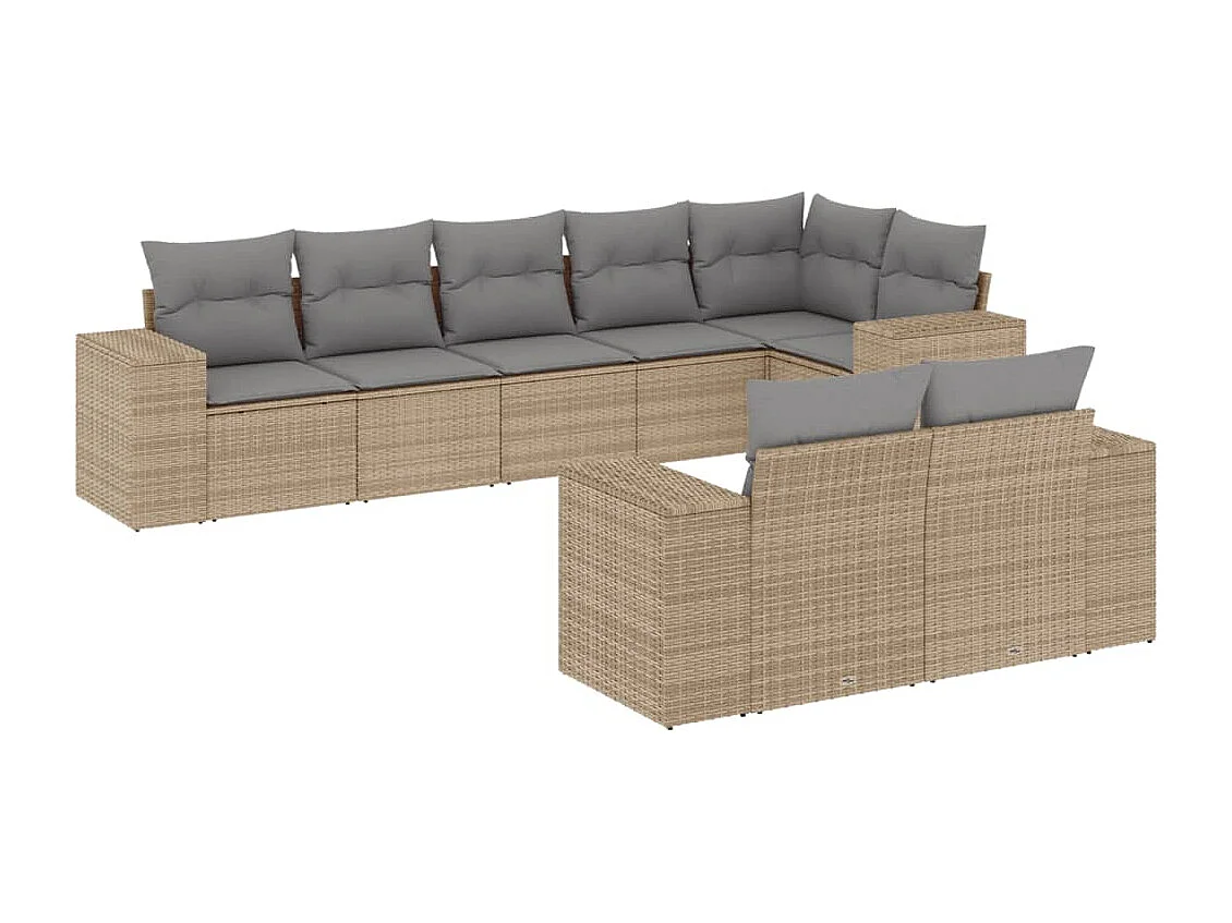 8 pcs conjunto de sofás p/ jardim com almofadões vime PE bege