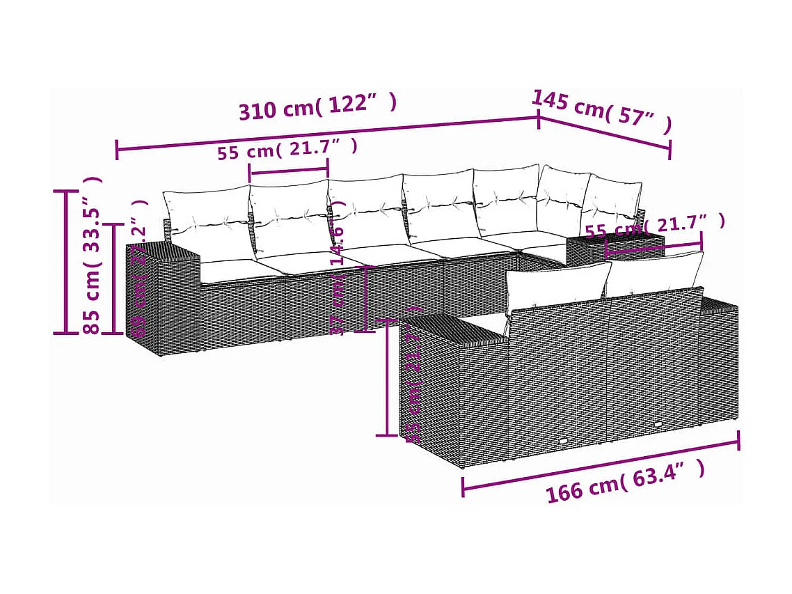 8 pcs conjunto de sofás p/ jardim com almofadões vime PE bege