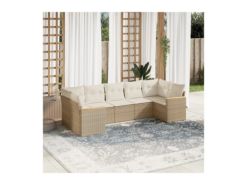 7-delige Loungeset met kussens poly rattan beige