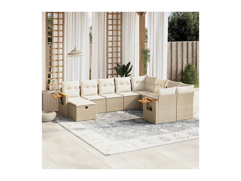 Set Divano da Giardino 10 pz con Cuscini Beige in Polyrattan