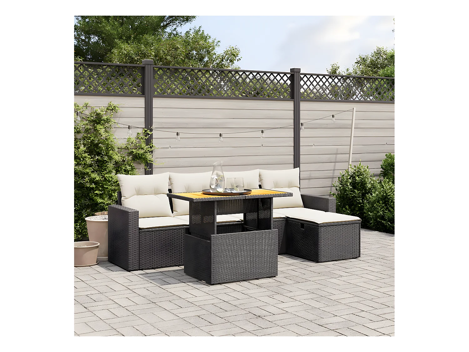 Set Divano da Giardino 6 pz con Cuscini Nero in Polyrattan