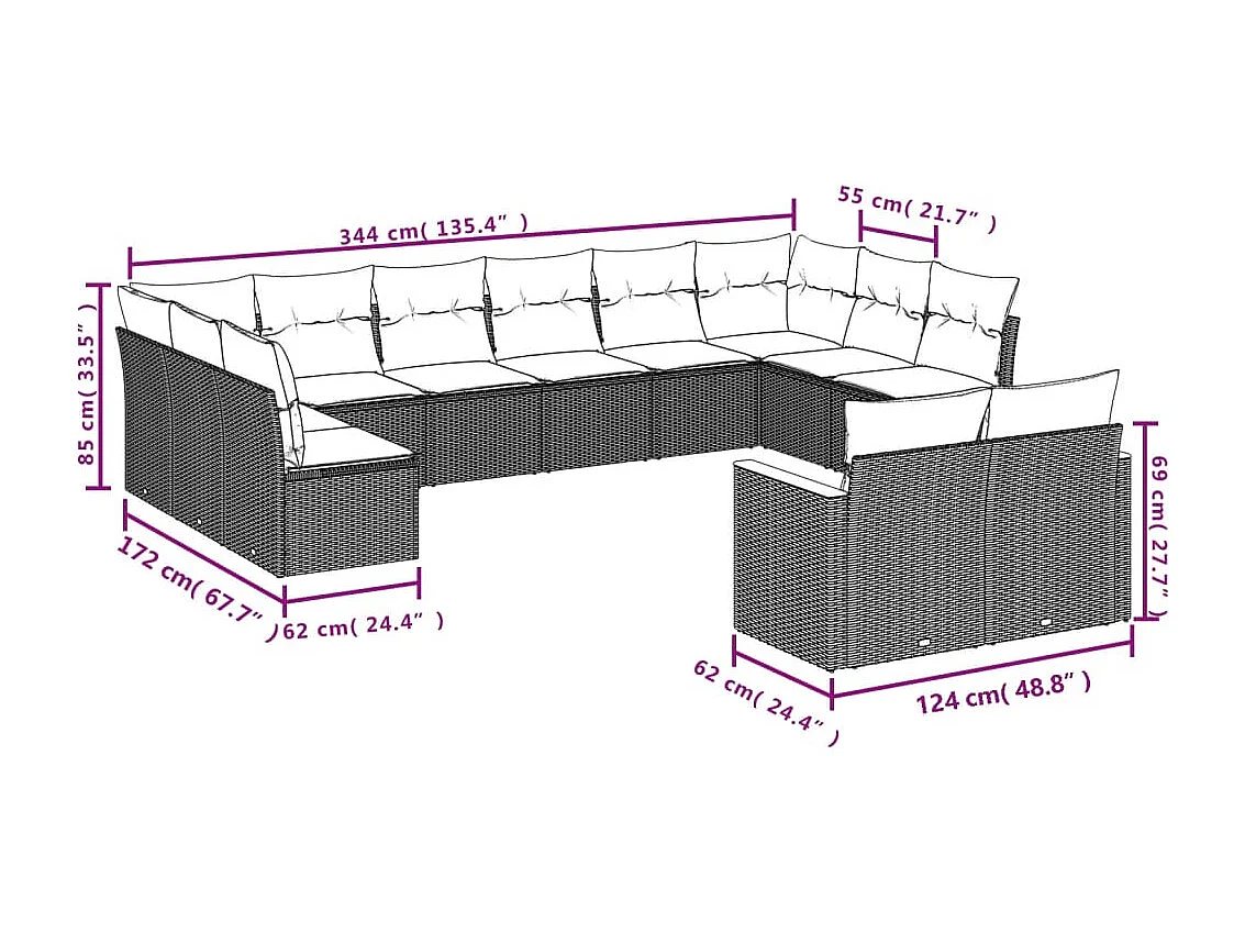 Set Divani da Giardino 12 pz con Cuscini Beige in Polyrattan