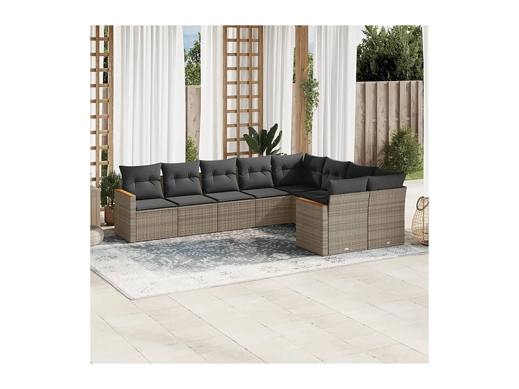 Set Divano da Giardino 9 pz con Cuscini Grigio in Polyrattan
