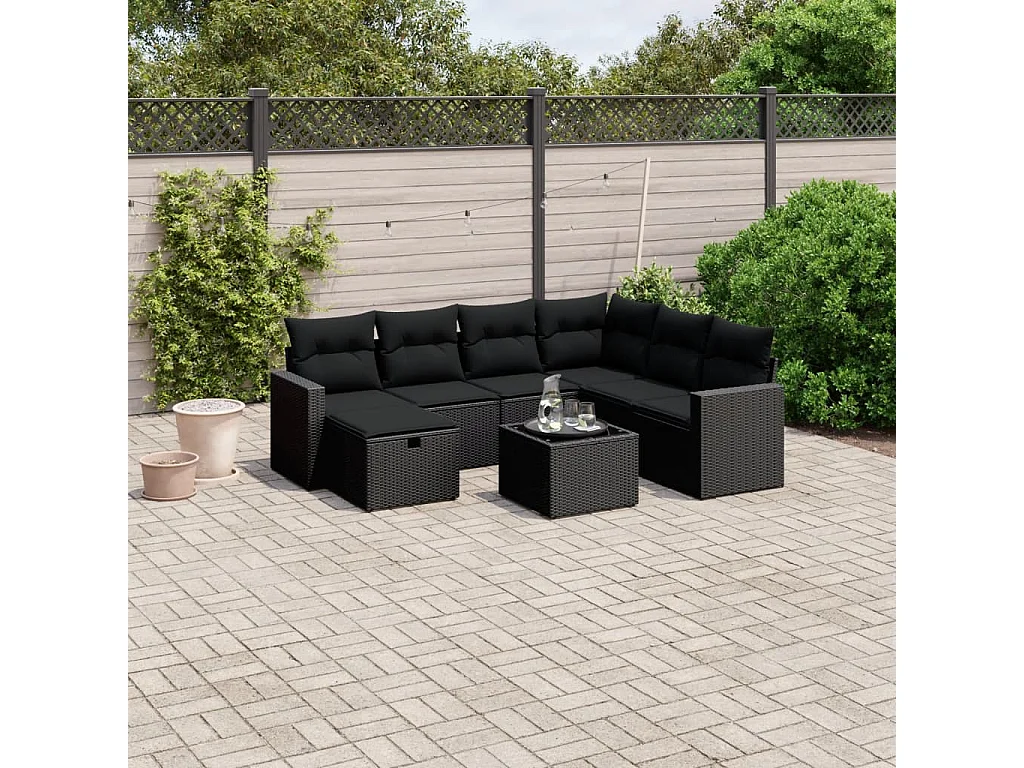 Salon de jardin 8 pcs avec coussins noir résine tressée