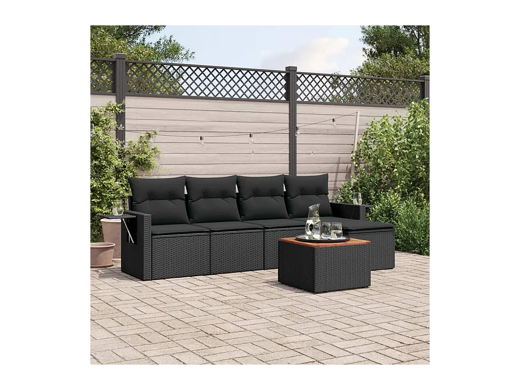 Salon de jardin 6 pcs avec coussins noir résine tressée