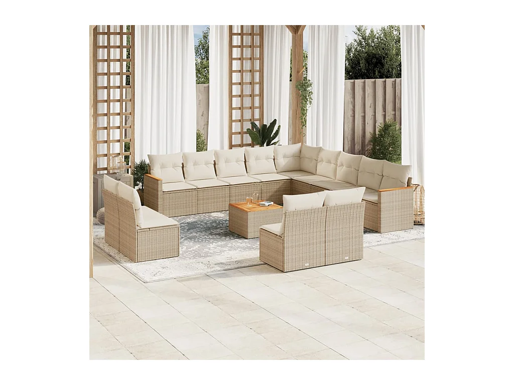 Salon de jardin avec coussins 14 pcs beige résine tressée