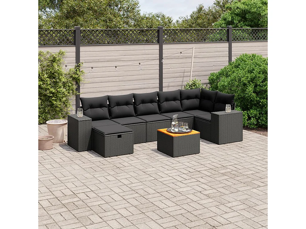 8-delige Loungeset met kussens poly rattan zwart