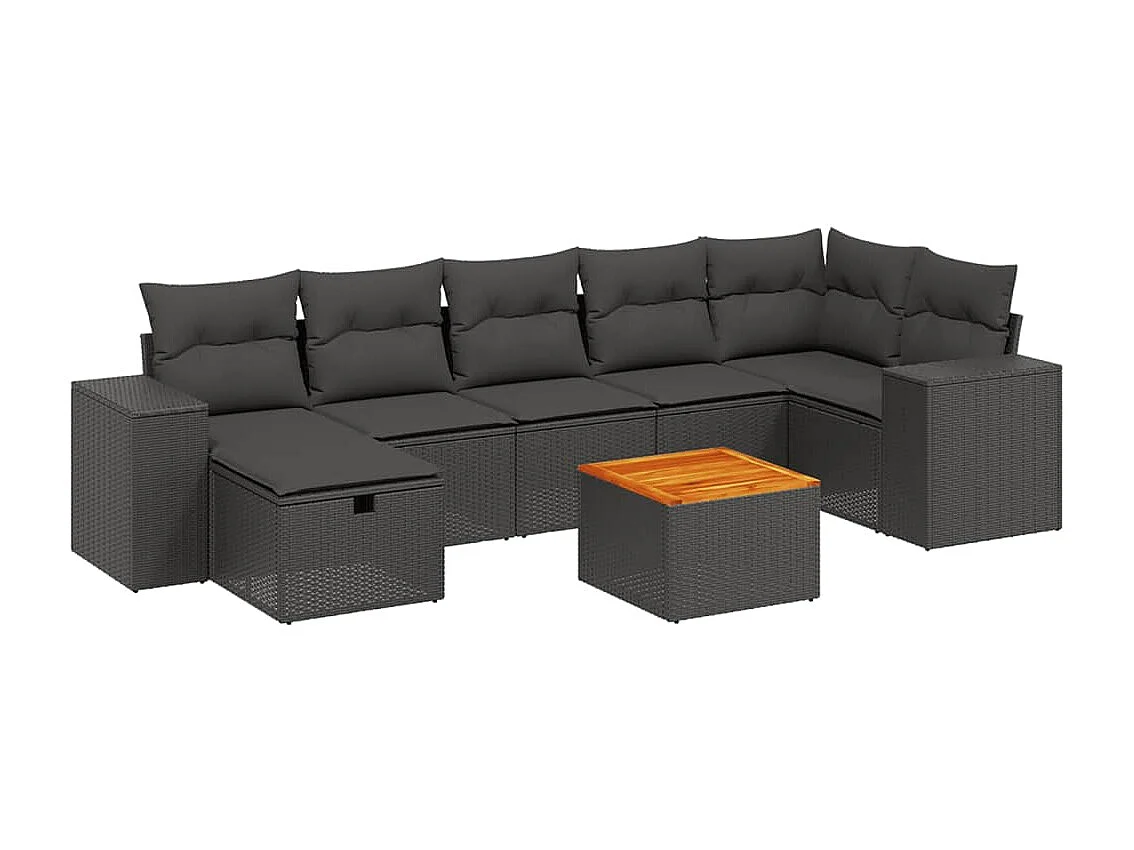 8-delige Loungeset met kussens poly rattan zwart