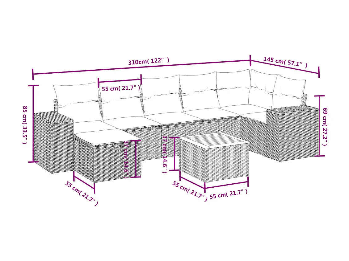 8-delige Loungeset met kussens poly rattan zwart