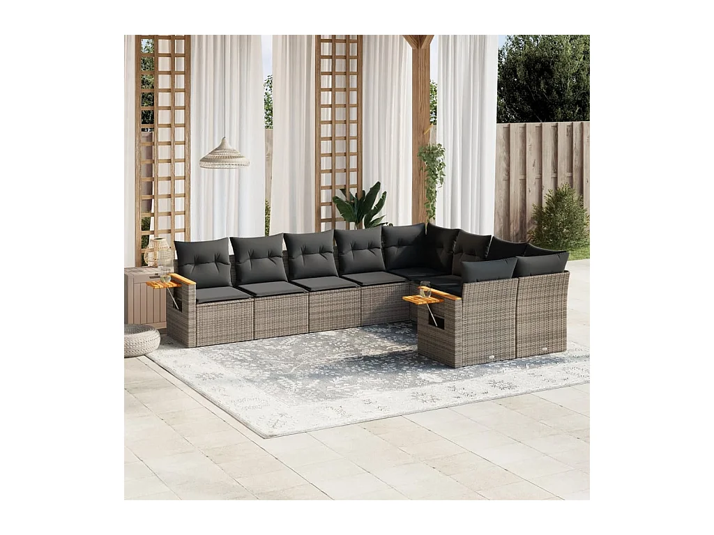 Salon de jardin 9 pcs avec coussins gris résine tressée