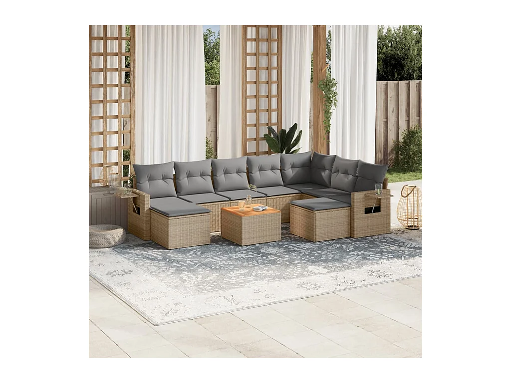 Salon de jardin et coussins 10 pcs mélange beige résine tressée