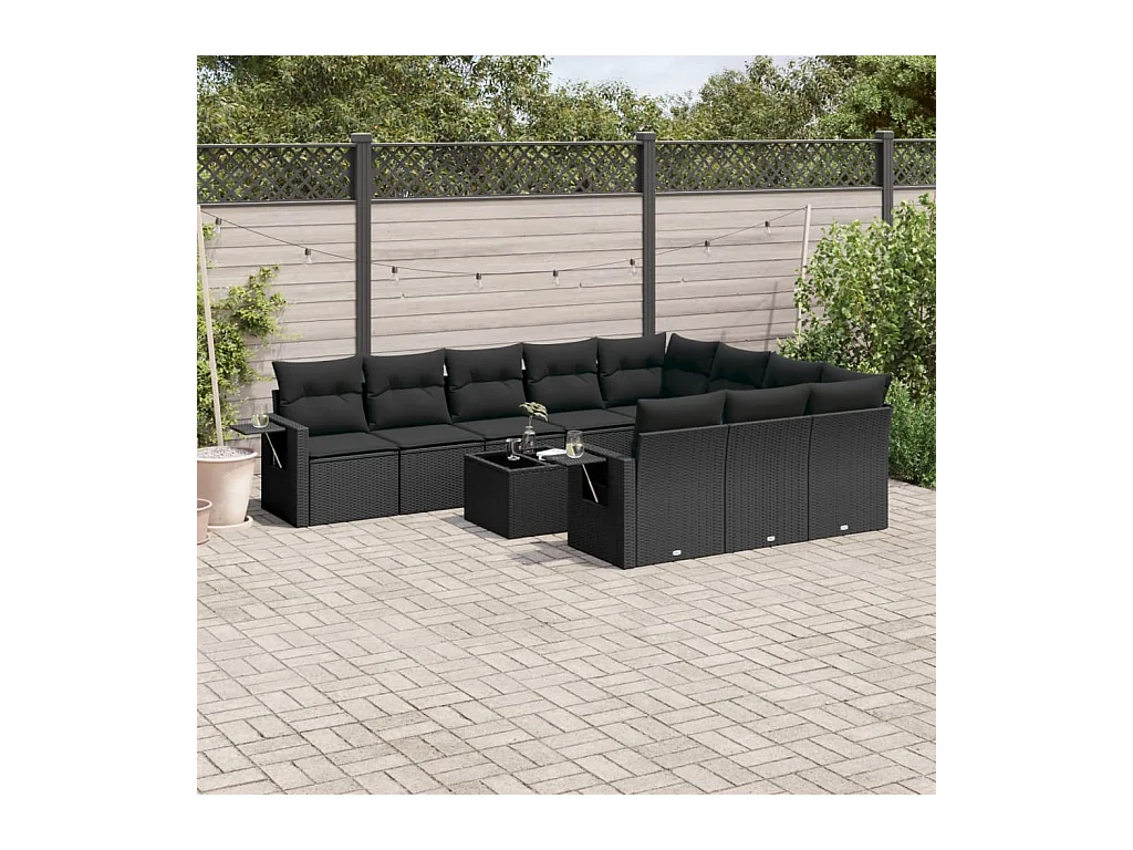 11-delige Loungeset met kussens poly rattan zwart