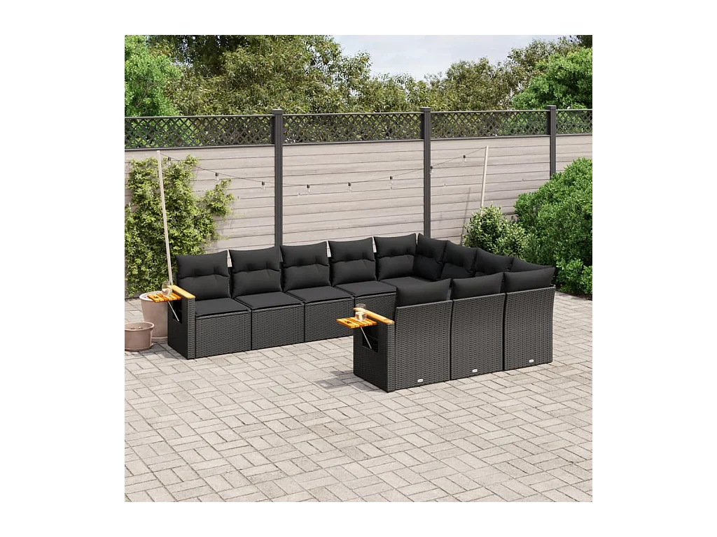 Salon de jardin 10 pcs avec coussins noir résine tressée