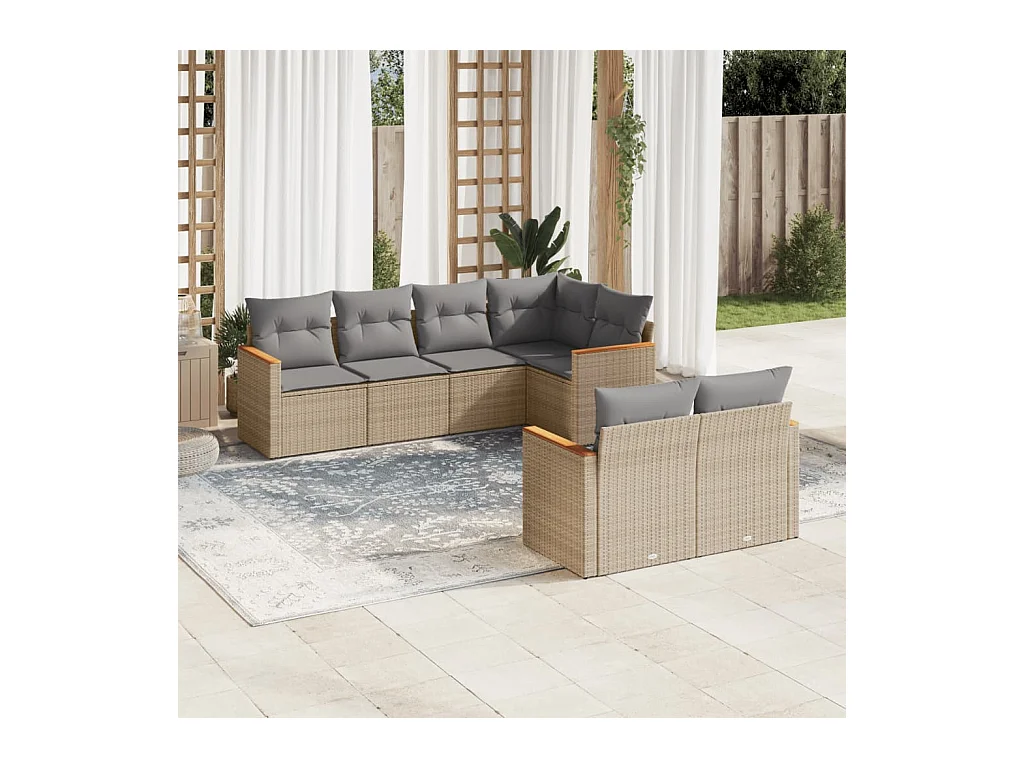 7-delige Loungeset met kussens poly rattan beige