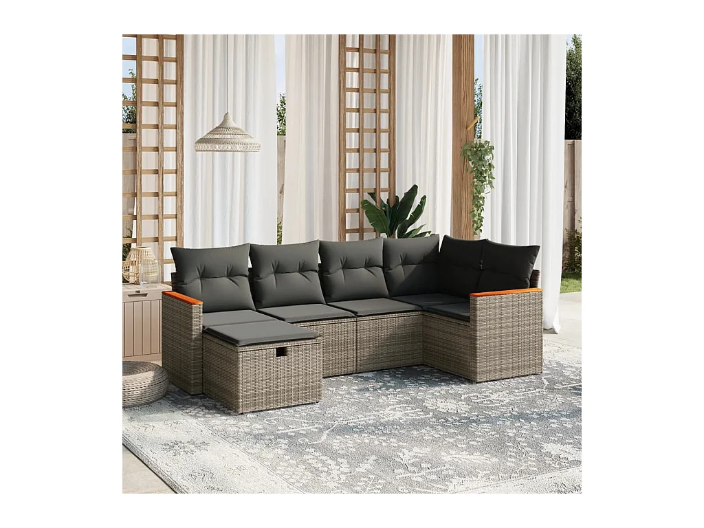 Set de muebles de jardín 6 pzas y cojines ratán sintético gris
