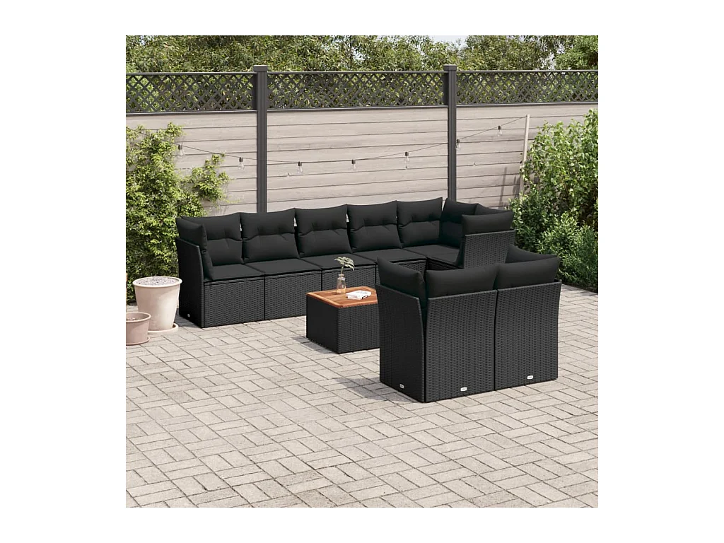 Salon de jardin 9 pcs avec coussins noir résine tressée