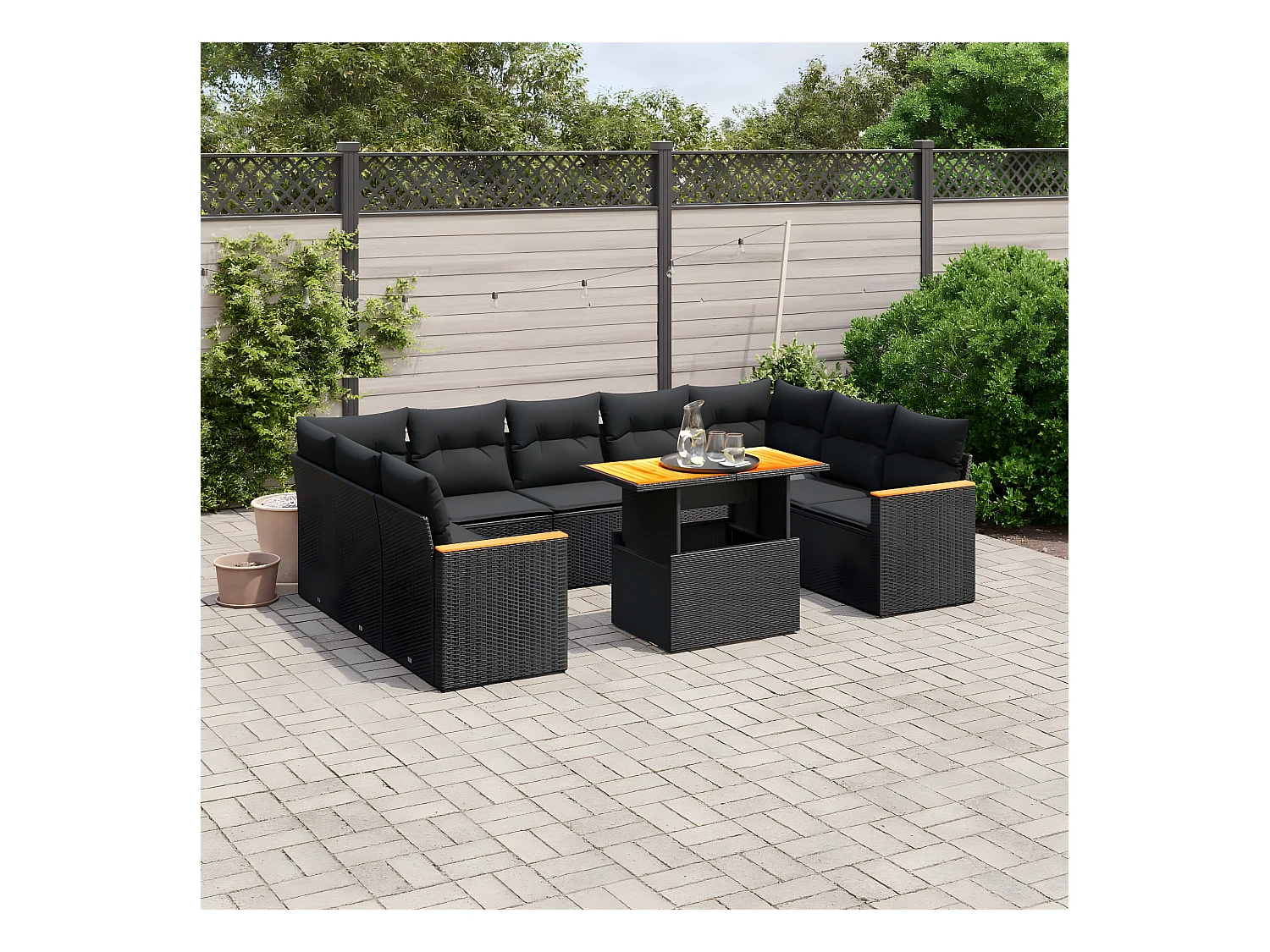 11-delige Loungeset met kussens poly rattan zwart