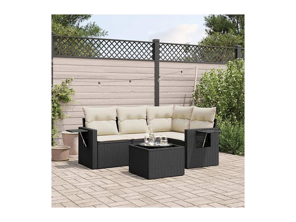 Salon de jardin 5 pcs avec coussins noir résine tressée