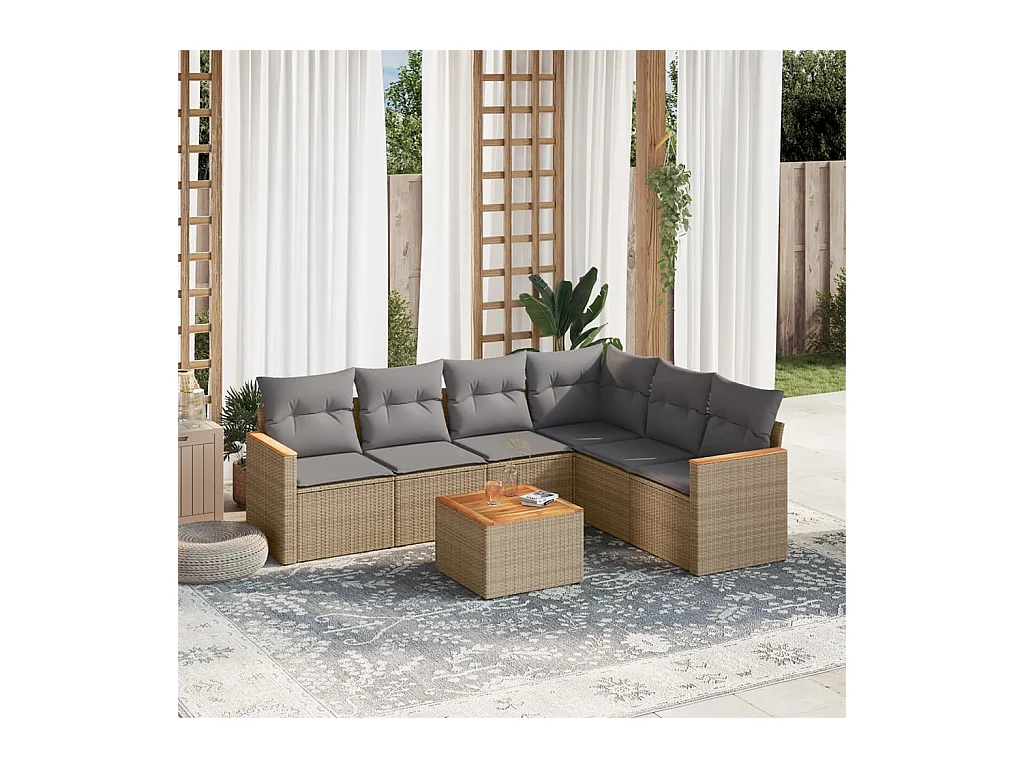7-tlg. Garten-Sofagarnitur mit Kissen Beige Poly Rattan