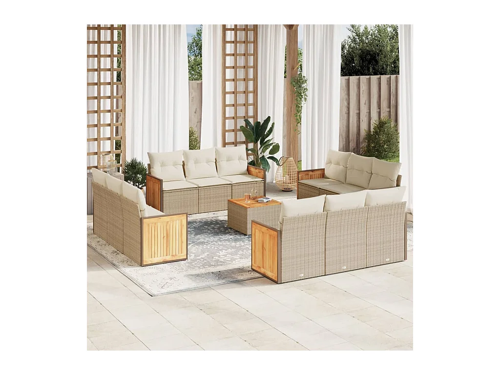 Salon de jardin avec coussins 13 pcs beige résine tressée