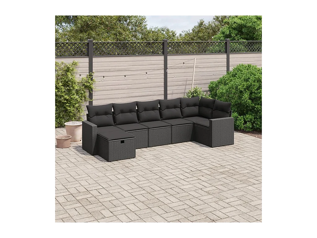 7-tlg. Garten-Sofagarnitur mit Kissen Schwarz Poly Rattan