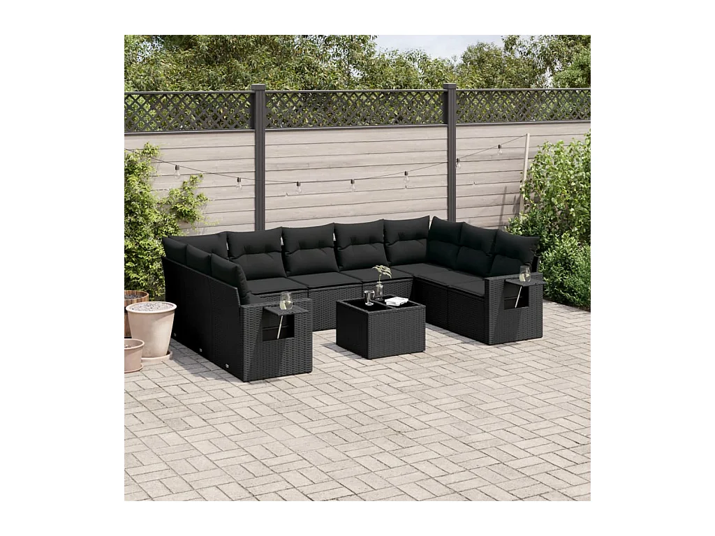 10-tlg. Garten-Sofagarnitur mit Kissen Schwarz Poly Rattan