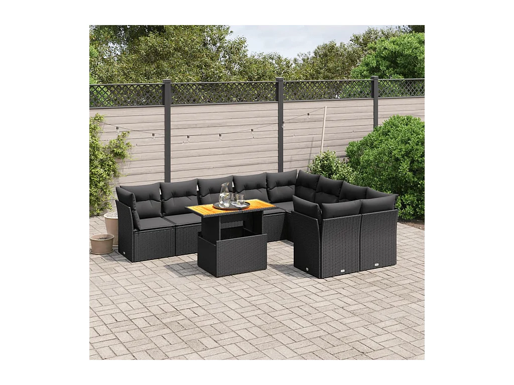 Salon de jardin 10 pcs avec coussins noir résine tressée