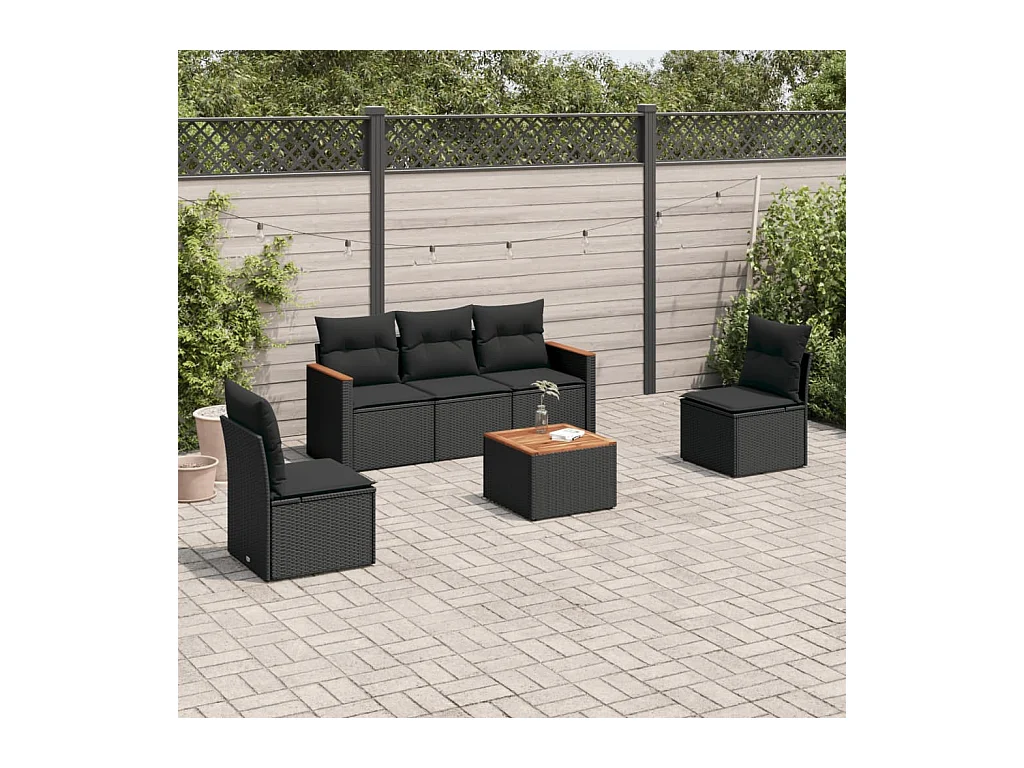 Salon de jardin 6 pcs avec coussins noir résine tressée