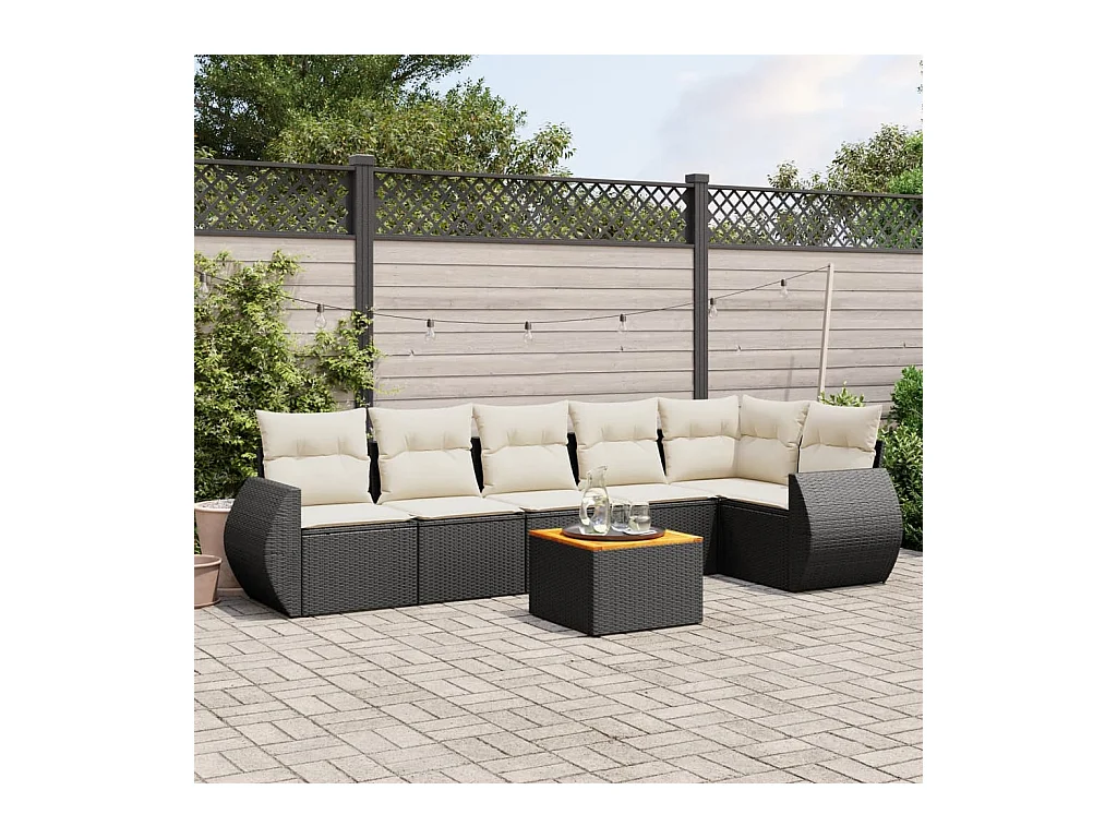 7-tlg. Garten-Sofagarnitur mit Kissen Schwarz Poly Rattan
