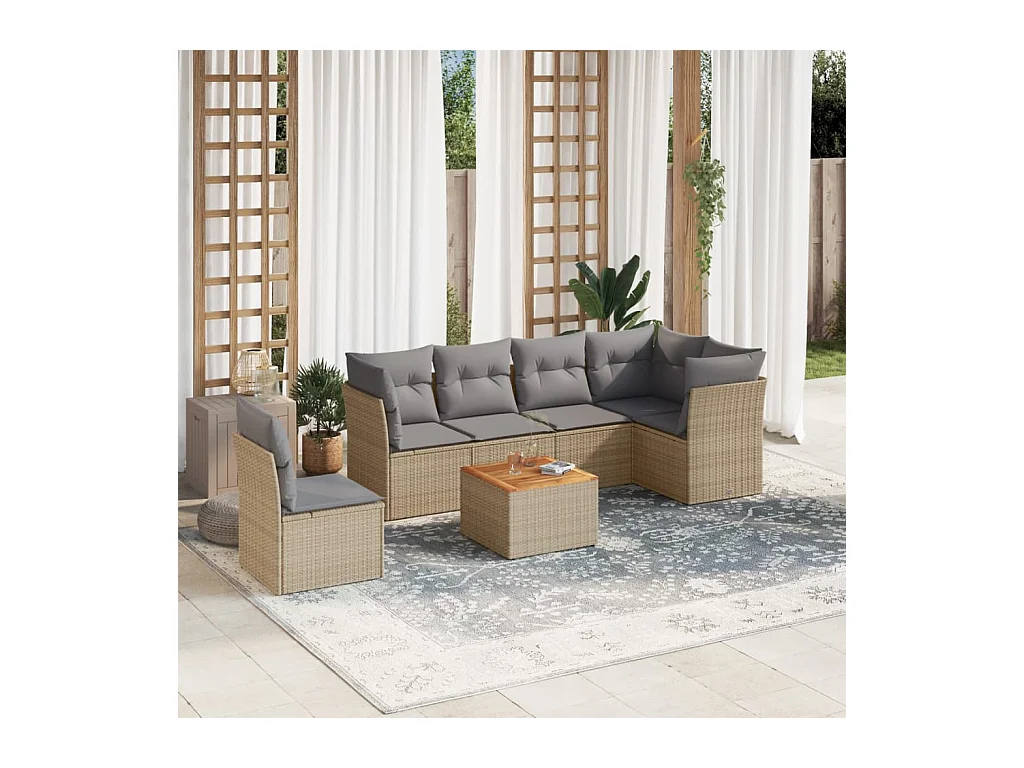 7-delige Loungeset met kussens poly rattan gemengd beige
