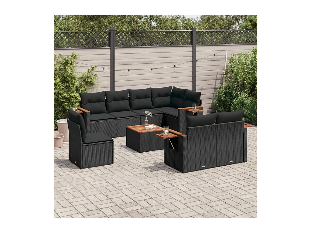 Salon de jardin 9 pcs avec coussins noir résine tressée