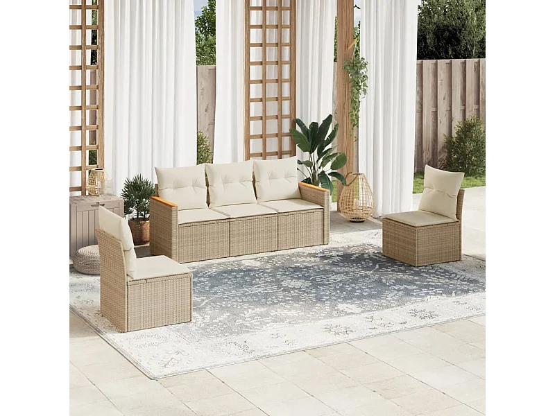 5-tlg. Garten-Sofagarnitur mit Kissen Beige Poly Rattan