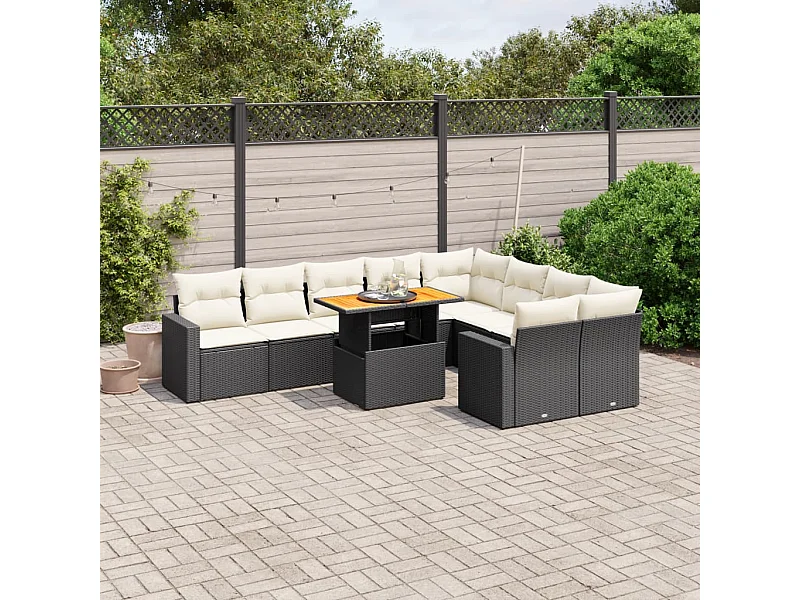 Salon de jardin 10 pcs avec coussins noir résine tressée