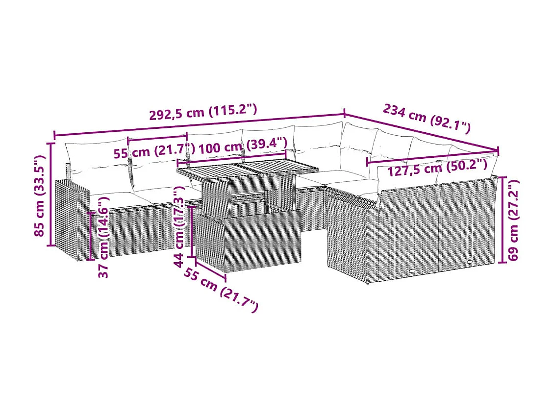 Salon de jardin 10 pcs avec coussins noir résine tressée