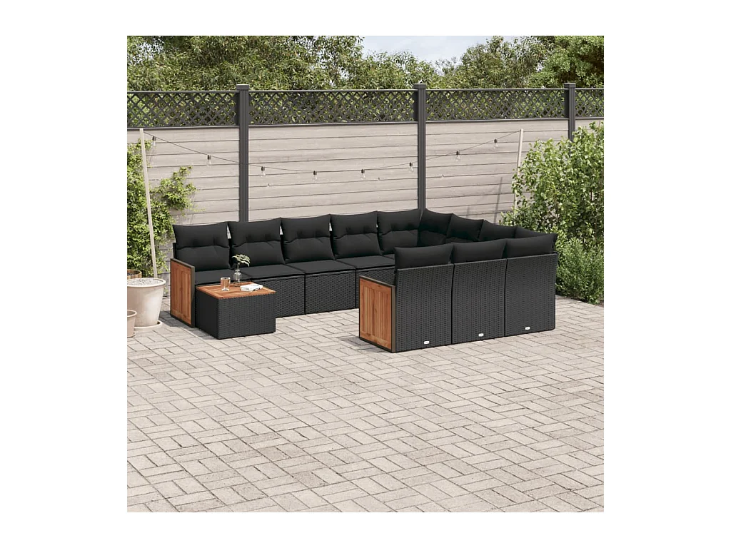 Salon de jardin 11 pcs avec coussins noir résine tressée