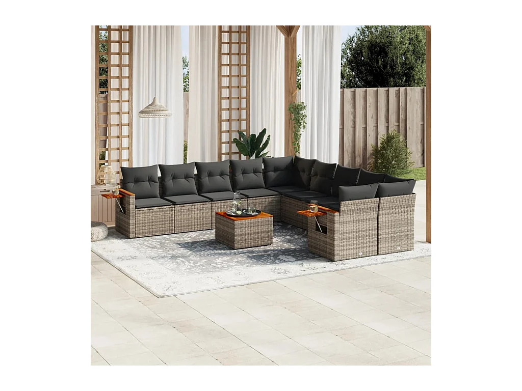 Salon de jardin 11 pcs avec coussins gris résine tressée