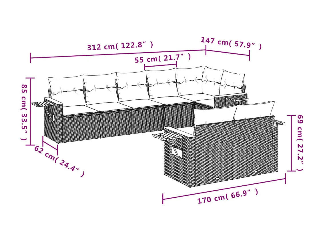 Salon de jardin avec coussins 8 pcs beige résine tressée