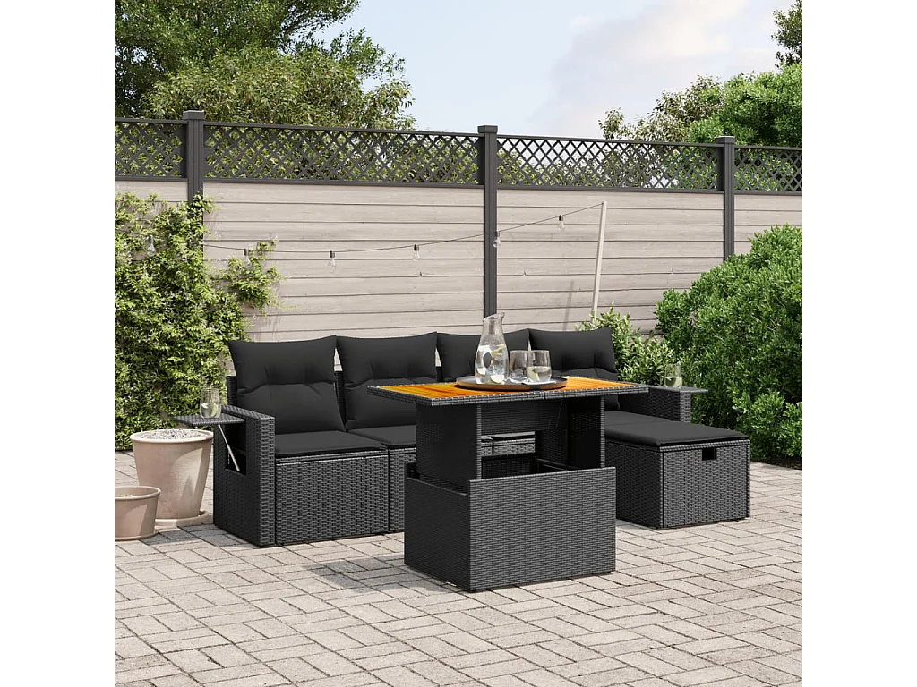 Set Divano da Giardino 6 pz con Cuscini Nero in Polyrattan