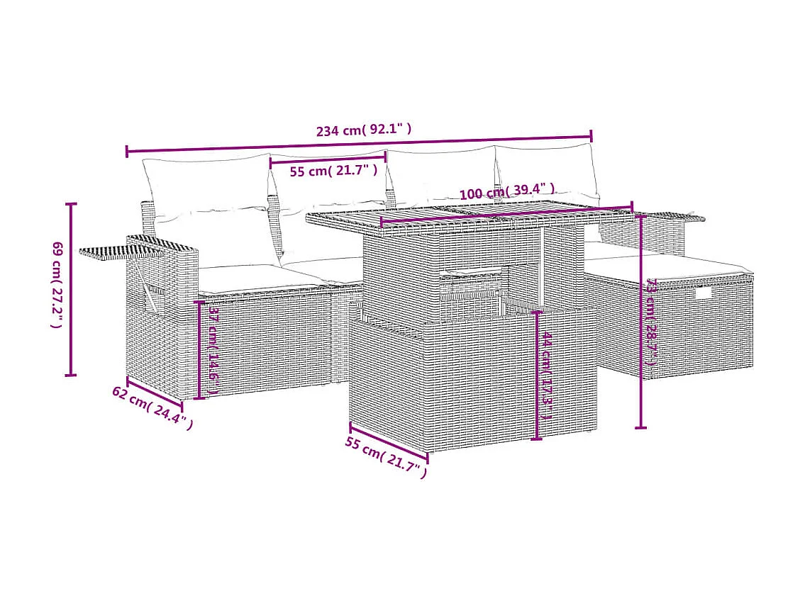 Set Divano da Giardino 6 pz con Cuscini Nero in Polyrattan