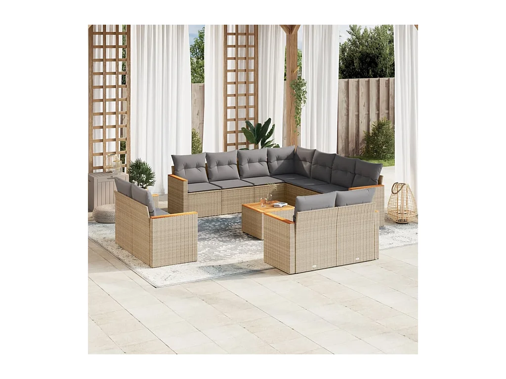 Salon de jardin et coussins 12 pcs mélange beige résine tressée