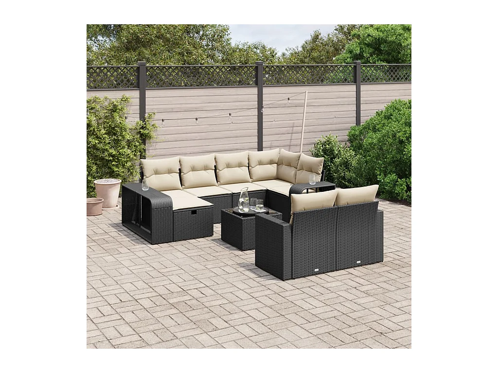Salon de jardin 11 pcs avec coussins noir résine tressée