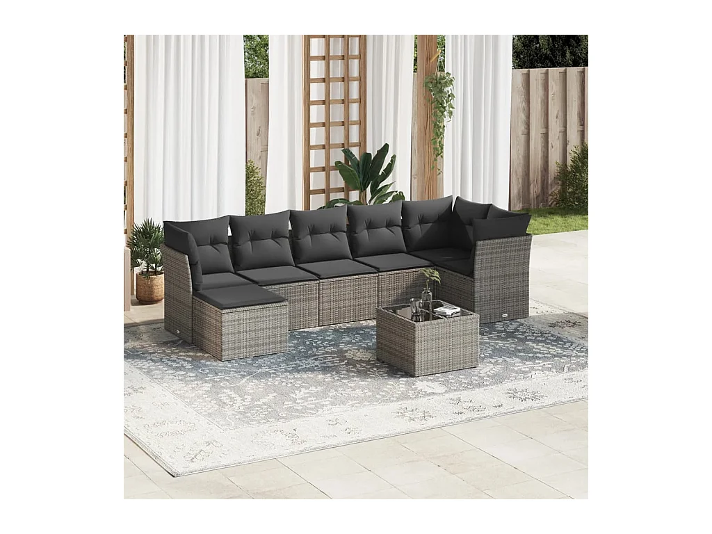 Salon de jardin 8 pcs avec coussins gris résine tressée