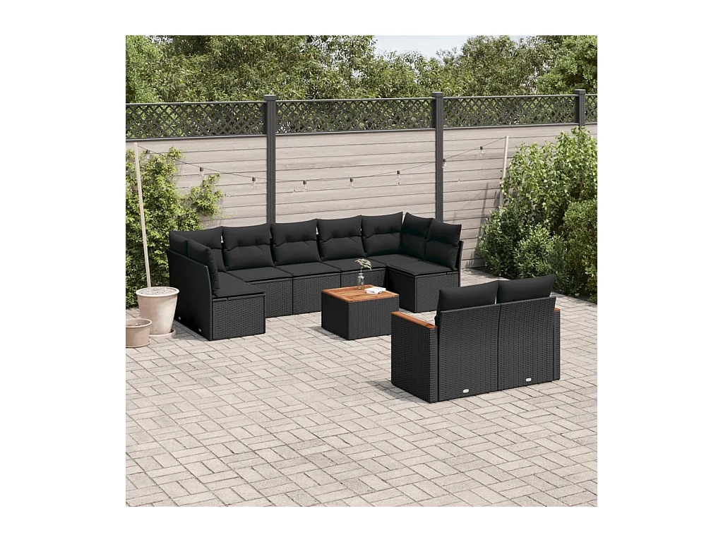 10-delige Loungeset met kussens poly rattan zwart