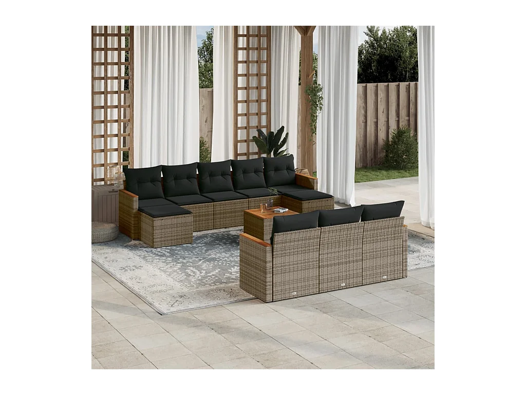 Salon de jardin 11 pcs avec coussins gris résine tressée