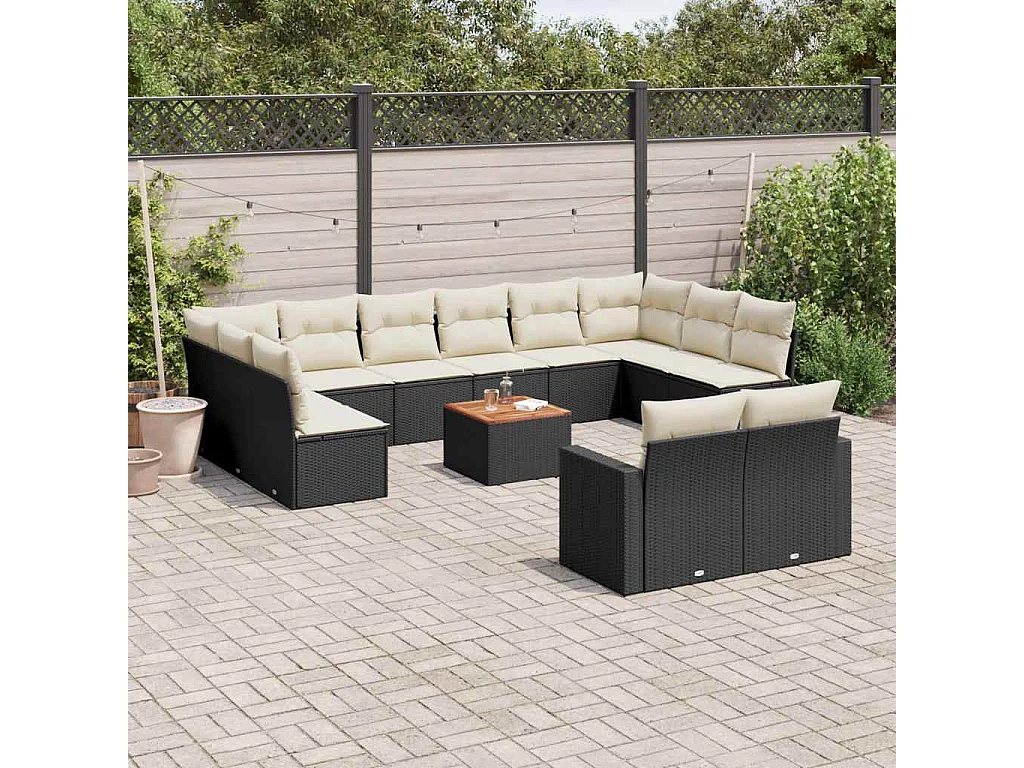 Salon de jardin avec coussins 13 pcs noir résine tressée