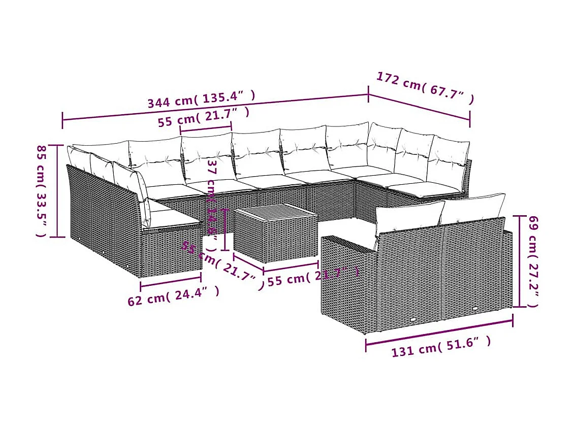 13-delige Loungeset met kussens poly rattan zwart
