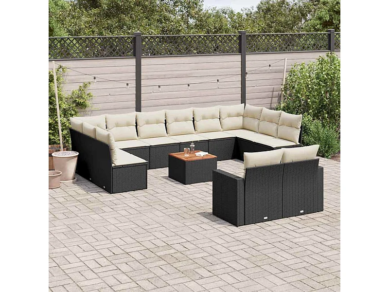 Salon de jardin avec coussins 13 pcs noir résine tressée